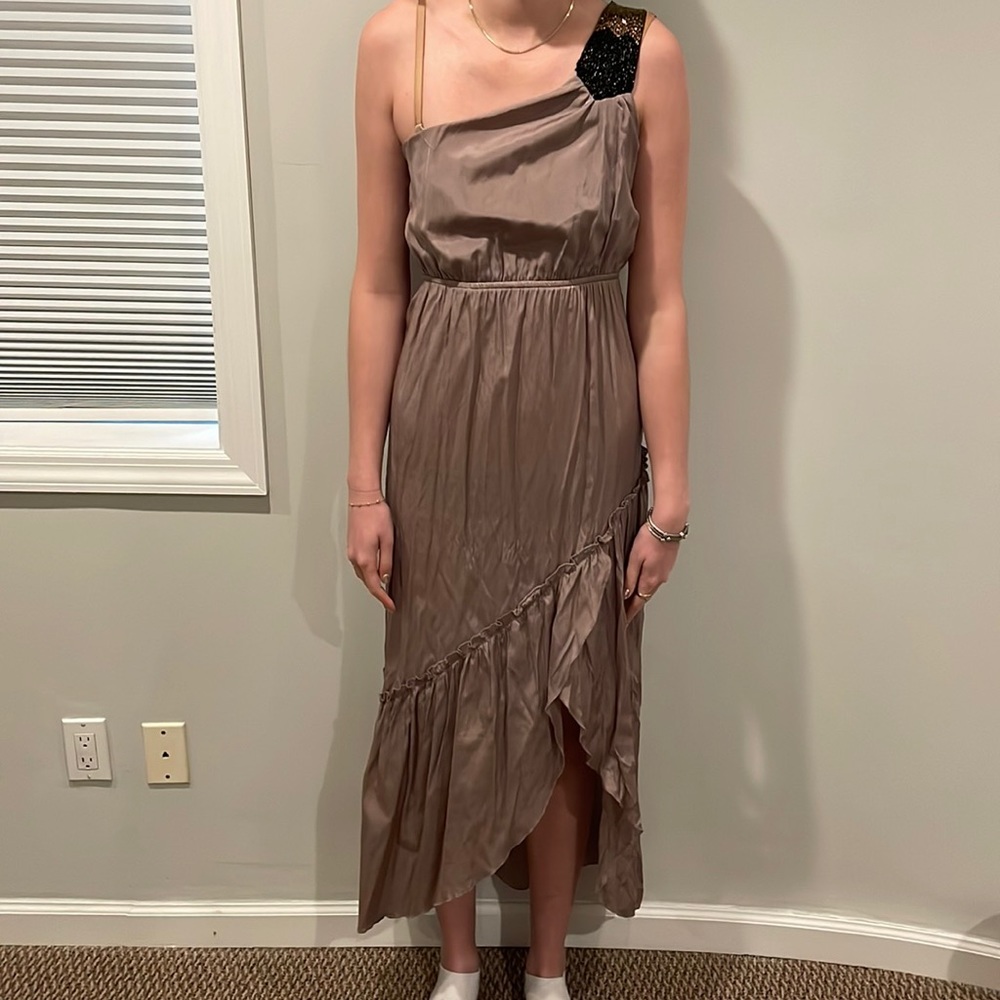 Brown High Low Dress with Beaded Strap
